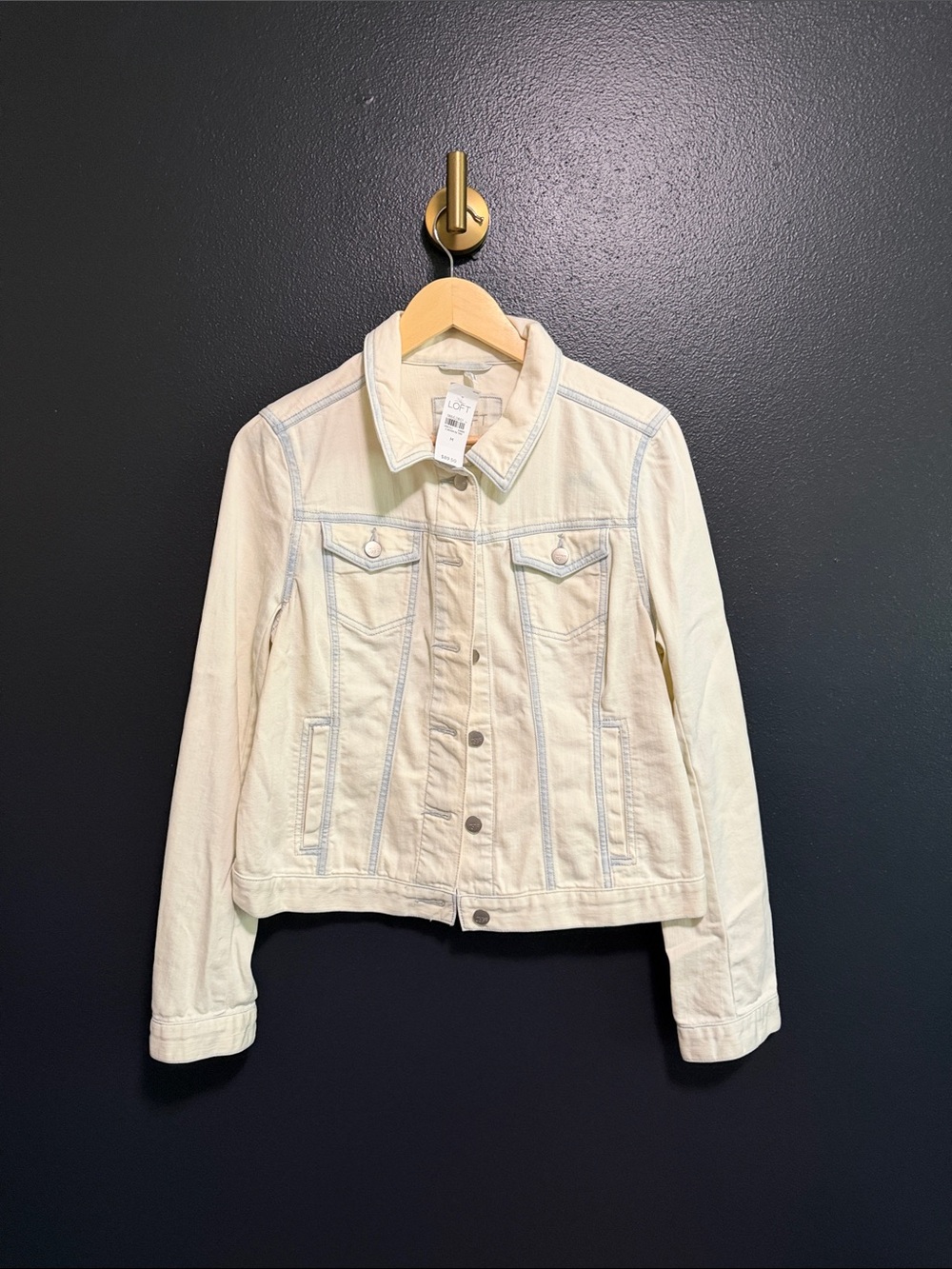 NWT LOFT White Denim Jacket with Light Blue Contrast Stitching Size Medium